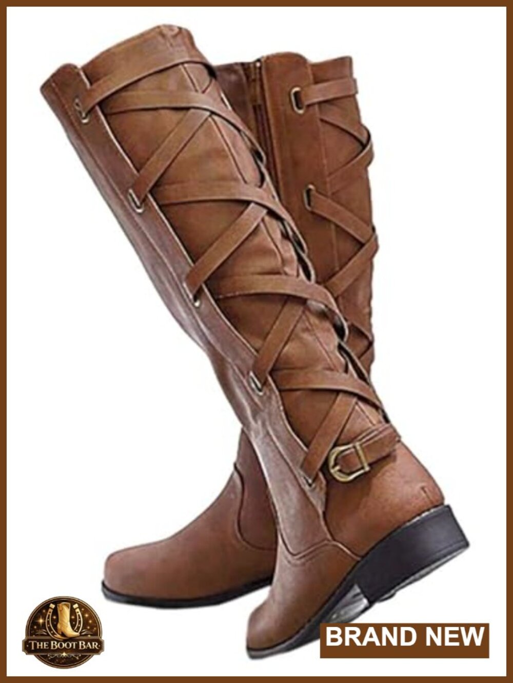 Syktkmx Womens Leather Motorcycle Knee High Boots Lace Up Riding Low Heel